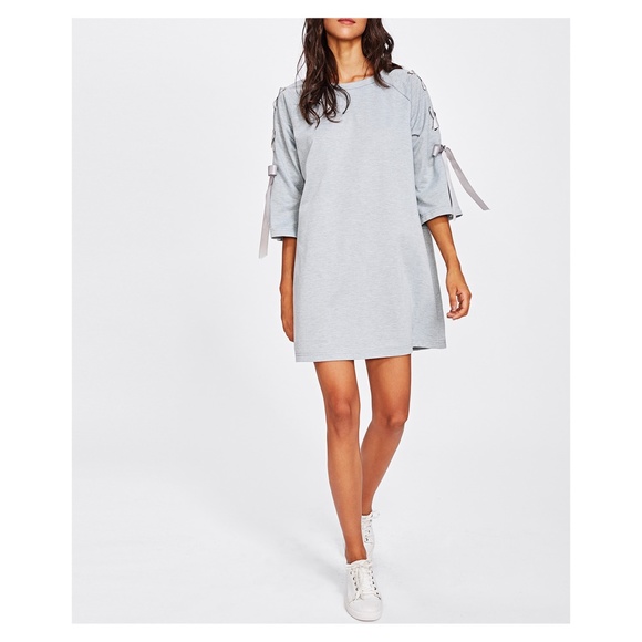 🔥LAST ONEGrey 3/4 Sleeve Lace Up Casual Tee Dress - Picture 2 of 4
